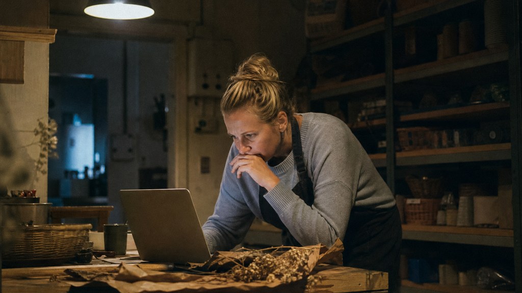 A small-business owner in an apron leaning over a laptop on a cluttered back-office desk late in the day, photographed in Norfolk
