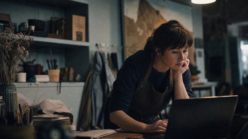 A small-business owner in an apron leaning over a laptop on a cluttered back-office desk late in the day, photographed in Norfolk
