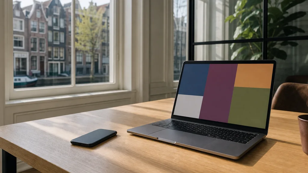 Editorial photograph of an Amsterdam canal-house office with morning light, a laptop showing abstract coloured blocks and a phone face down on a light timber desk