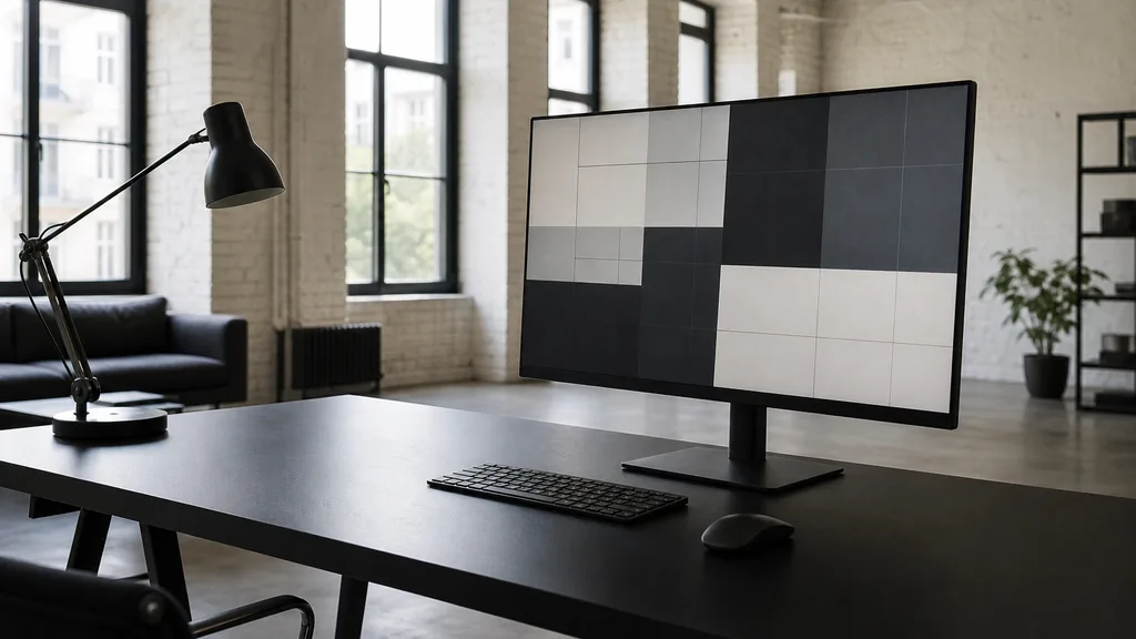 Editorial photograph of a Berlin loft studio with tall windows, a large monitor showing abstract grid shapes and a keyboard on a matte black desk