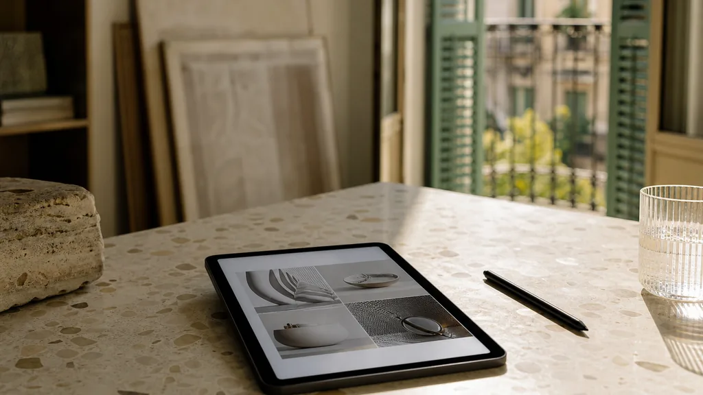Editorial photograph of a Barcelona studio with warm afternoon light through shutters, a tablet showing abstract product tiles on a pale terrazzo desk