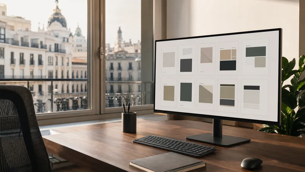 Editorial photograph of a Madrid office with bright side light, a monitor showing abstract card layouts and a notebook on a walnut desk