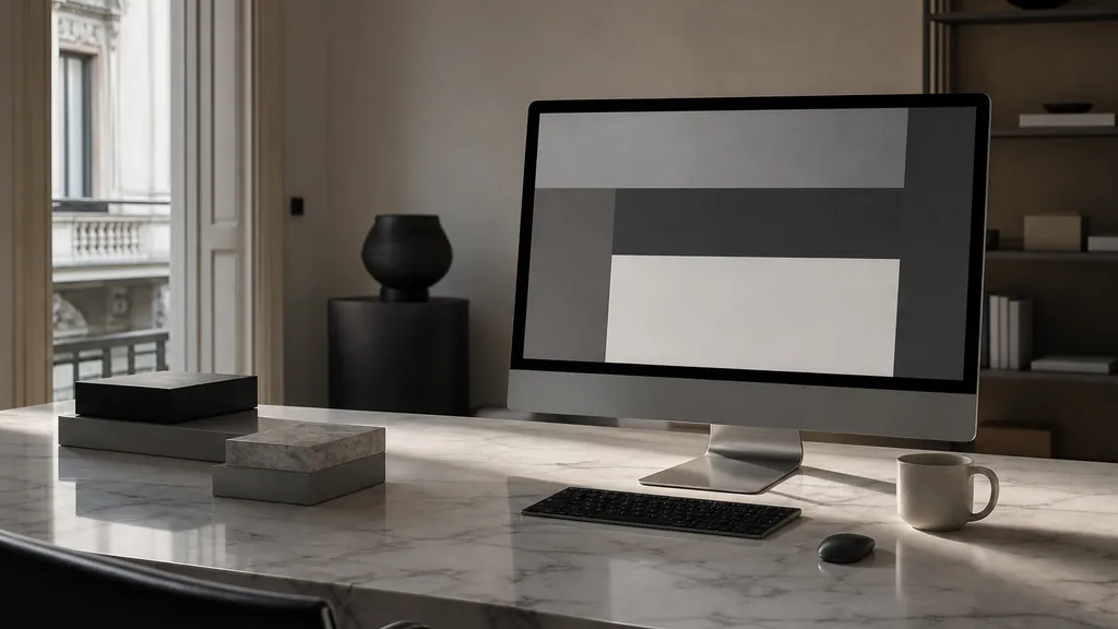 Editorial photograph of a Milan design studio with soft grey light, a large monitor showing abstract layout blocks and a coffee cup on a marble desk