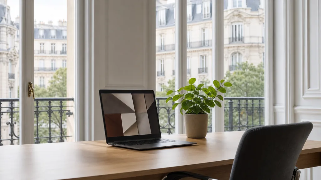 Editorial photograph of a Paris haussmannian office with tall windows, a laptop showing abstract tiles and a small plant on a light oak desk