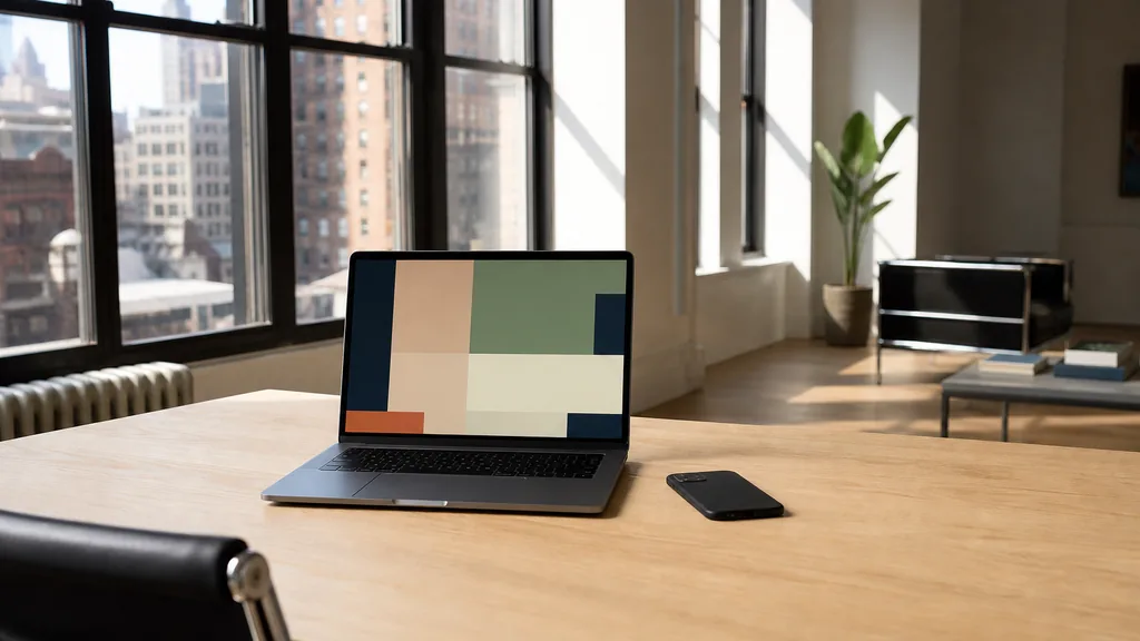 Editorial photograph of an office in Manhattan with morning light, a laptop showing abstract coloured blocks and a phone face down on a light timber desk