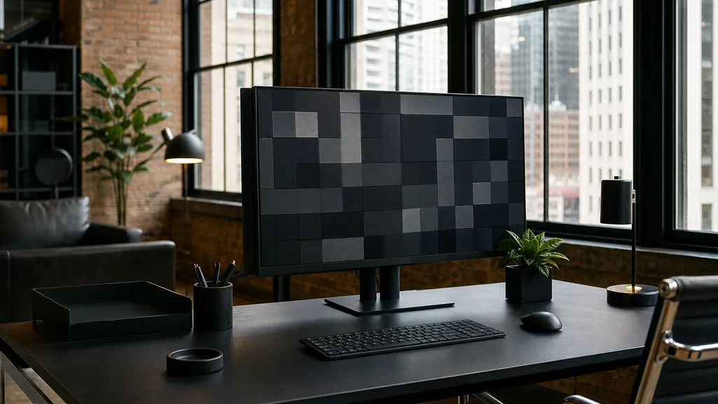 Editorial photograph of a Chicago loft office with tall windows, a large monitor showing abstract grid shapes on a matte black desk