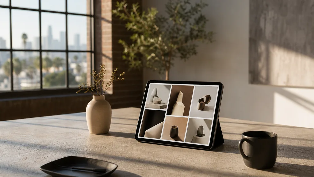 Editorial photograph of a Los Angeles studio with warm afternoon light, a tablet showing abstract product tiles on a pale concrete desk