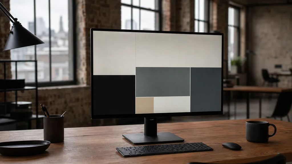 Editorial photograph of a London warehouse office with grey window light, a large monitor showing abstract layout blocks on an oak desk