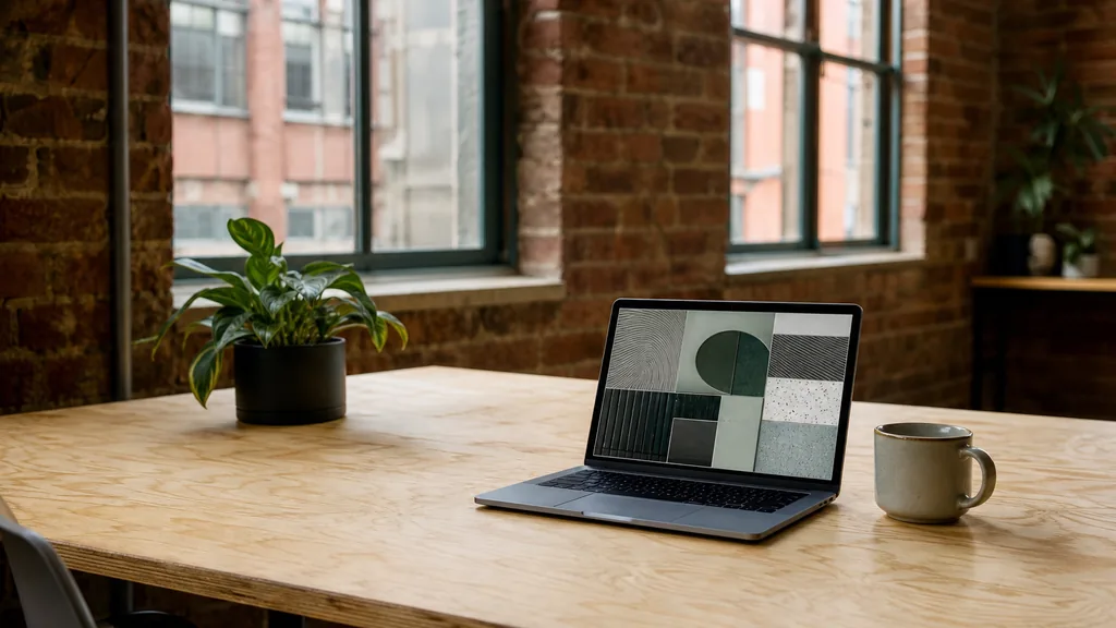 Editorial photograph of a Manchester red-brick studio with soft daylight, a laptop showing abstract tiles beside a ceramic mug on a plywood desk
