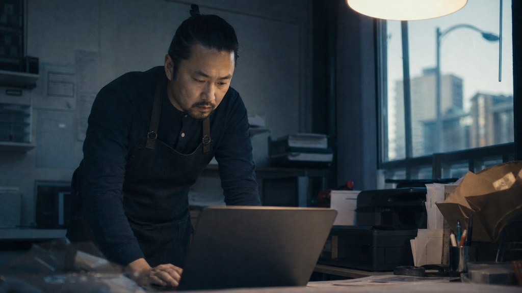 A small-business owner in an apron leaning over a laptop on a cluttered back-office desk late in the day, photographed in Oakland