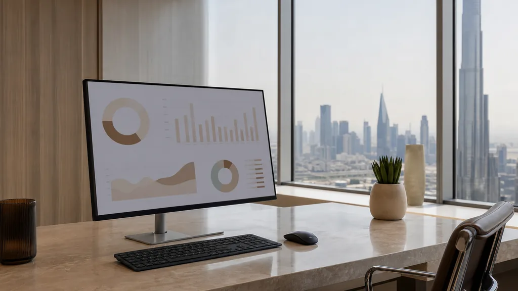 Editorial photograph of a Dubai high-rise office with bright light, a monitor showing abstract dashboard shapes on a pale stone desk