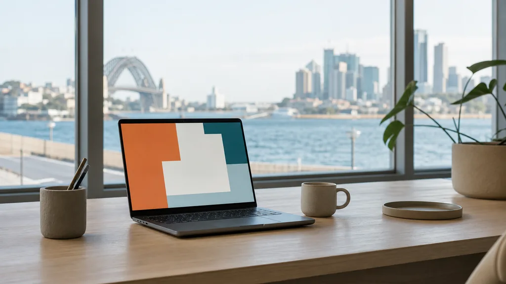 Editorial photograph of a Sydney studio with harbour daylight, a laptop showing abstract coloured blocks on a light ash desk