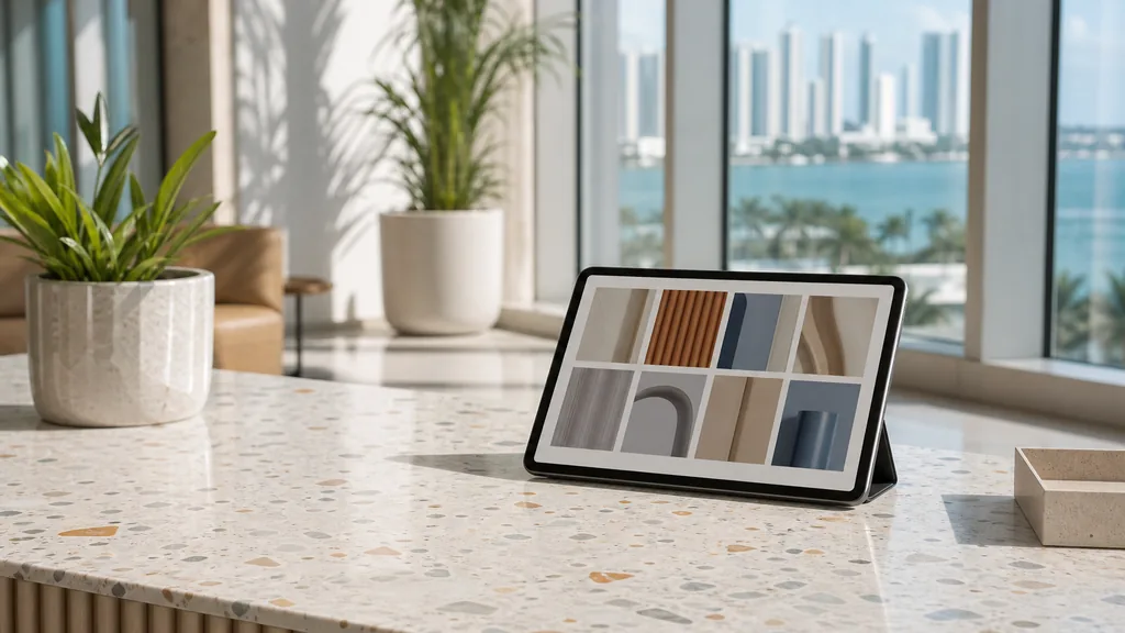 Editorial photograph of a Miami office with bright coastal light, a tablet showing abstract product tiles on a white terrazzo desk
