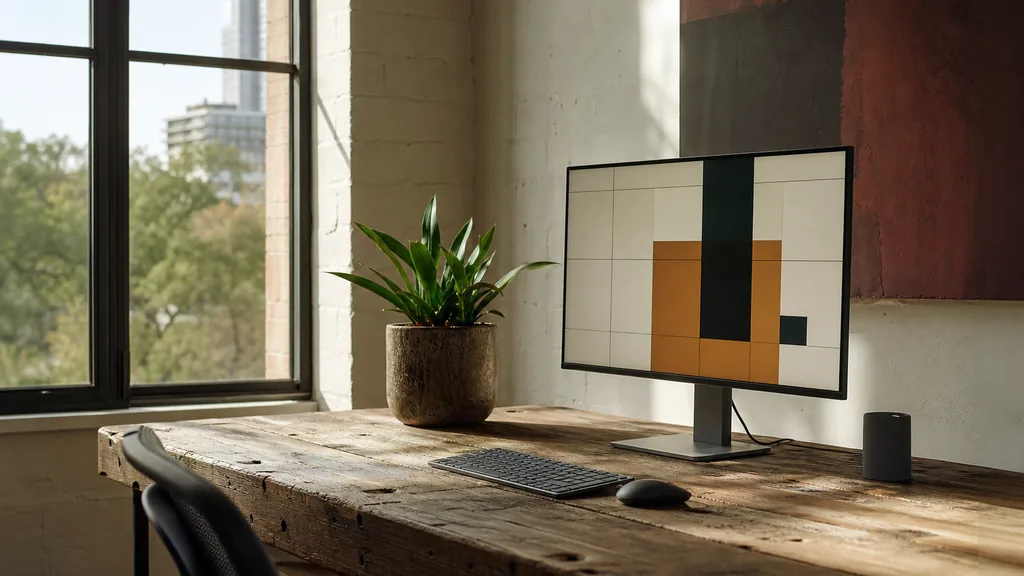 Editorial photograph of an Austin studio with warm side light, a monitor showing abstract grid shapes beside a plant on a reclaimed timber desk
