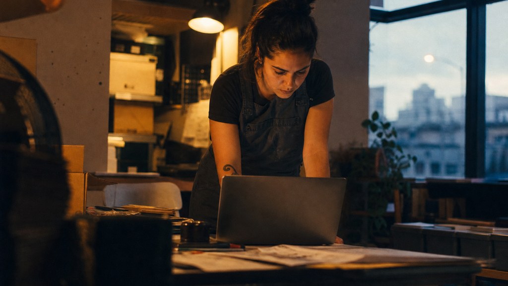 A small-business owner in an apron leaning over a laptop on a cluttered back-office desk late in the day, photographed in Oakland