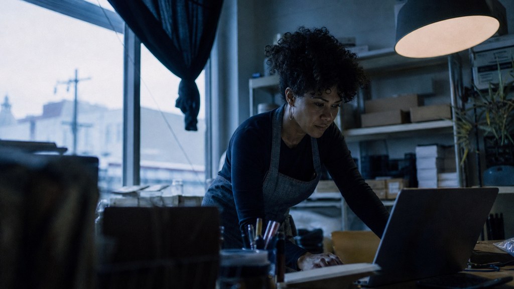 A small-business owner in an apron leaning over a laptop on a cluttered back-office desk late in the day, photographed in Oakland