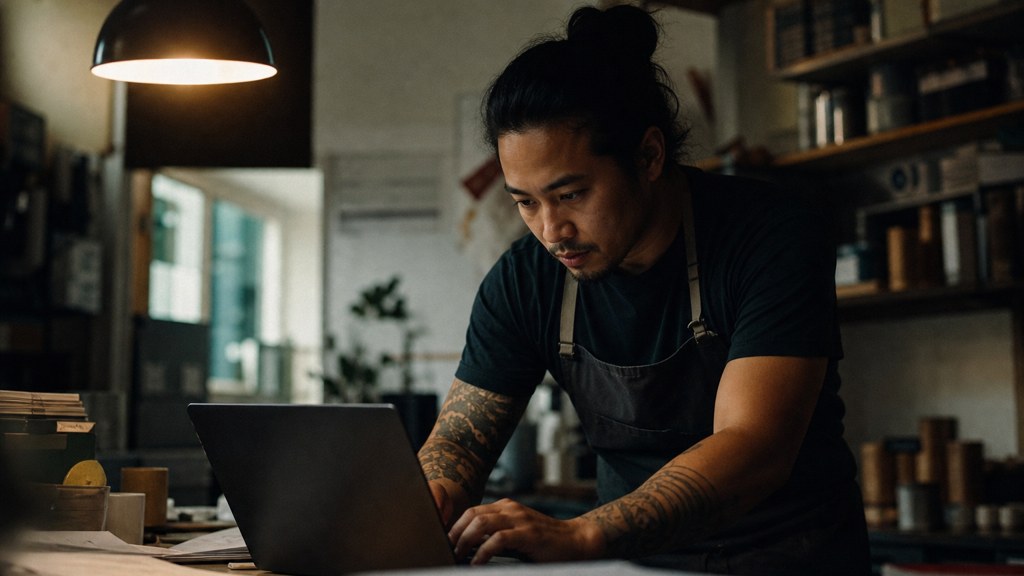 A small-business owner in an apron leaning over a laptop on a cluttered back-office desk late in the day, photographed in Oakland