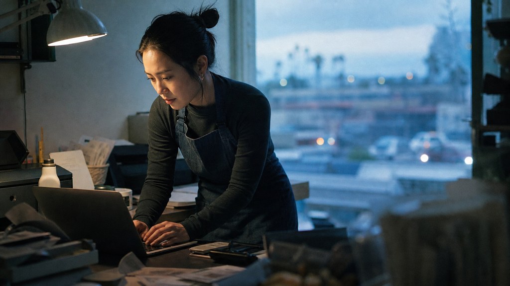 A small-business owner in an apron leaning over a laptop on a cluttered back-office desk late in the day, photographed in Oakland