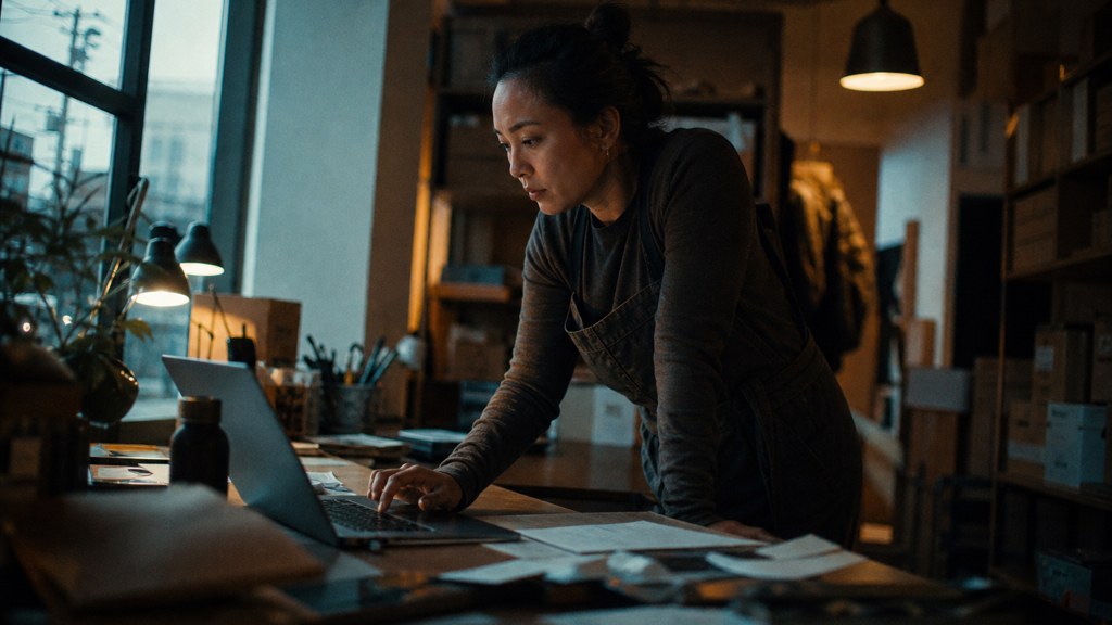 A small-business owner in an apron leaning over a laptop on a cluttered back-office desk late in the day, photographed in Oakland