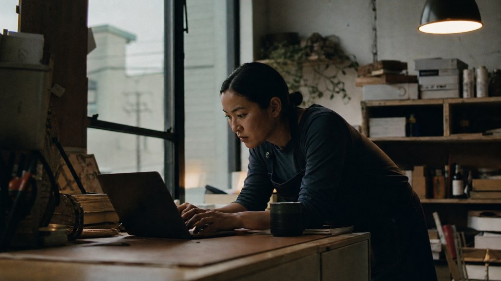 A small-business owner in an apron leaning over a laptop on a cluttered back-office desk late in the day, photographed in Oakland