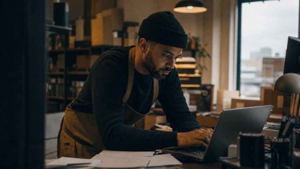 A small-business owner in an apron leaning over a laptop on a cluttered back-office desk late in the day, photographed in Oakland