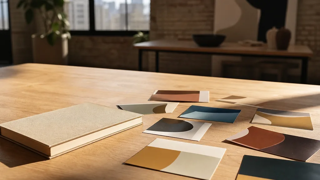 A Atlanta branding studio desk with colour swatch cards and identity proofs in warm morning light
