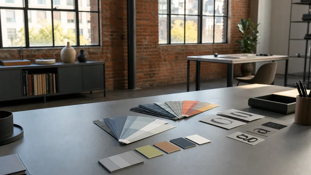 A Boston branding studio desk with colour swatch cards and identity proofs in warm morning light