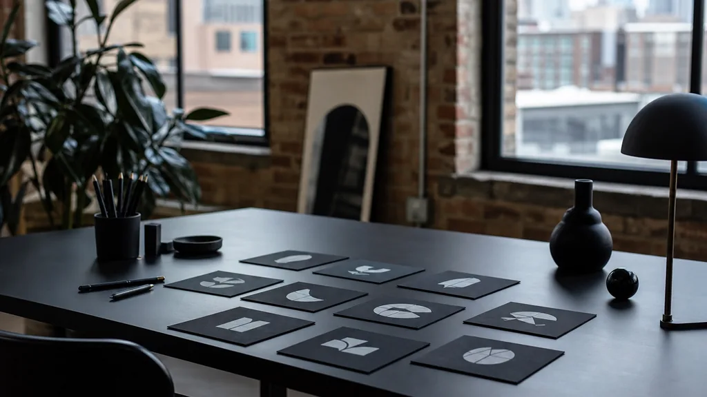 A Chicago branding studio desk with colour swatch cards and identity proofs in warm morning light