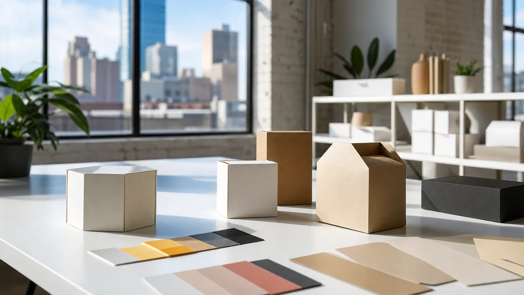 A Dallas branding studio desk with colour swatch cards and identity proofs in warm morning light