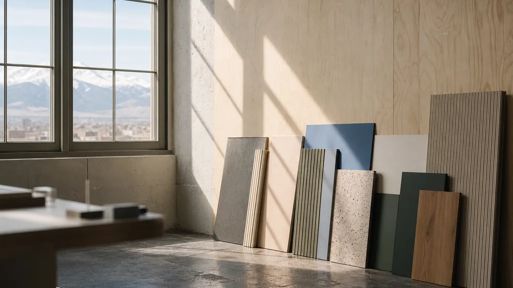 A Denver branding studio desk with colour swatch cards and identity proofs in warm morning light