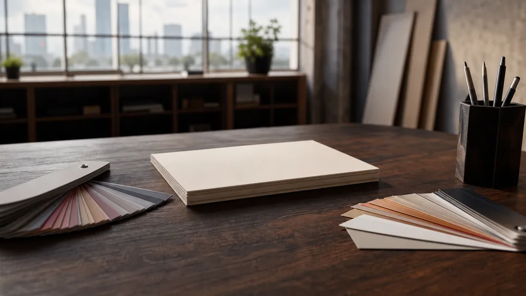 A Houston branding studio desk with colour swatch cards and identity proofs in warm morning light