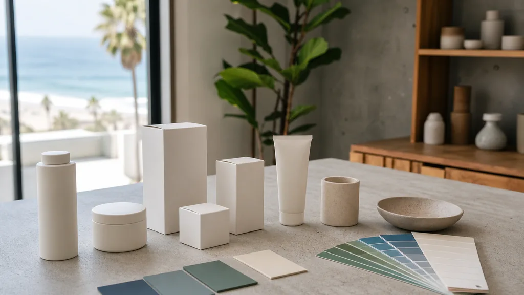 A San Diego branding studio desk with colour swatch cards and identity proofs in warm morning light