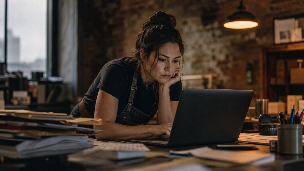 A small-business owner in an apron leaning over a laptop on a cluttered back-office desk late in the day, photographed in Nashville