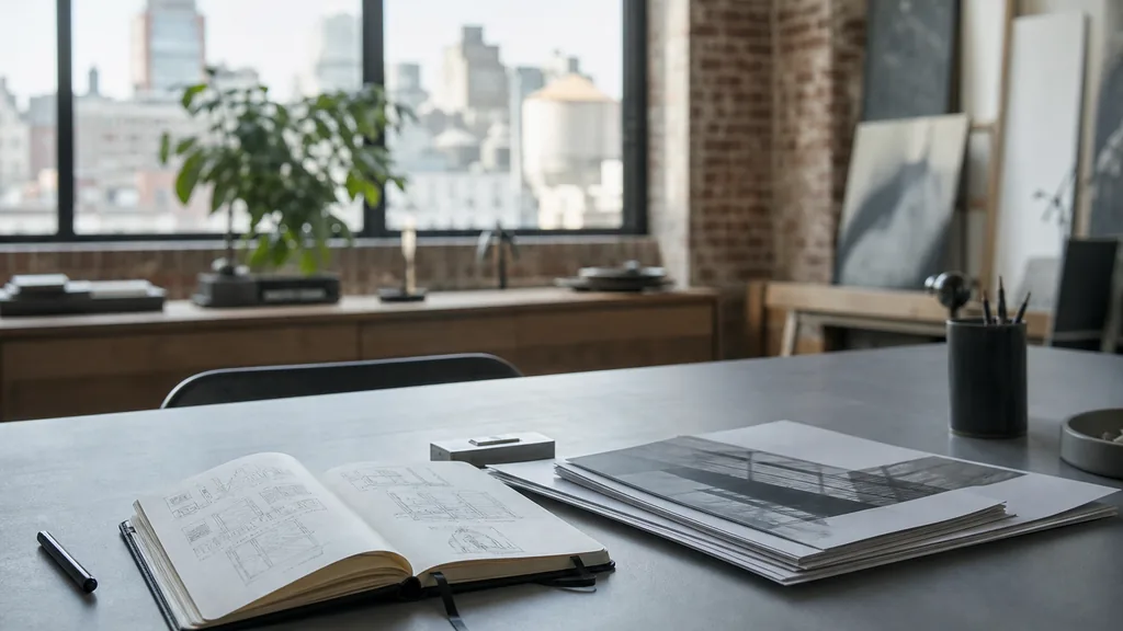 A New York content marketing studio desk with printed article drafts and an editorial calendar in soft morning light