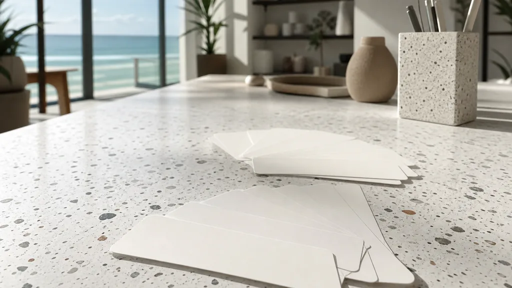 A Miami content marketing studio desk with printed article drafts and an editorial calendar in soft morning light
