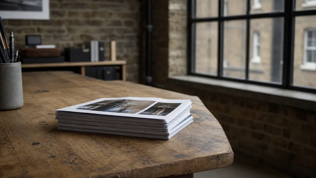 A London content marketing studio desk with printed article drafts and an editorial calendar in soft morning light