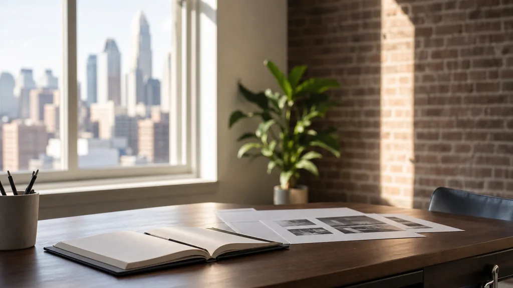 A Charlotte content marketing studio desk with printed article drafts and an editorial calendar in soft morning light