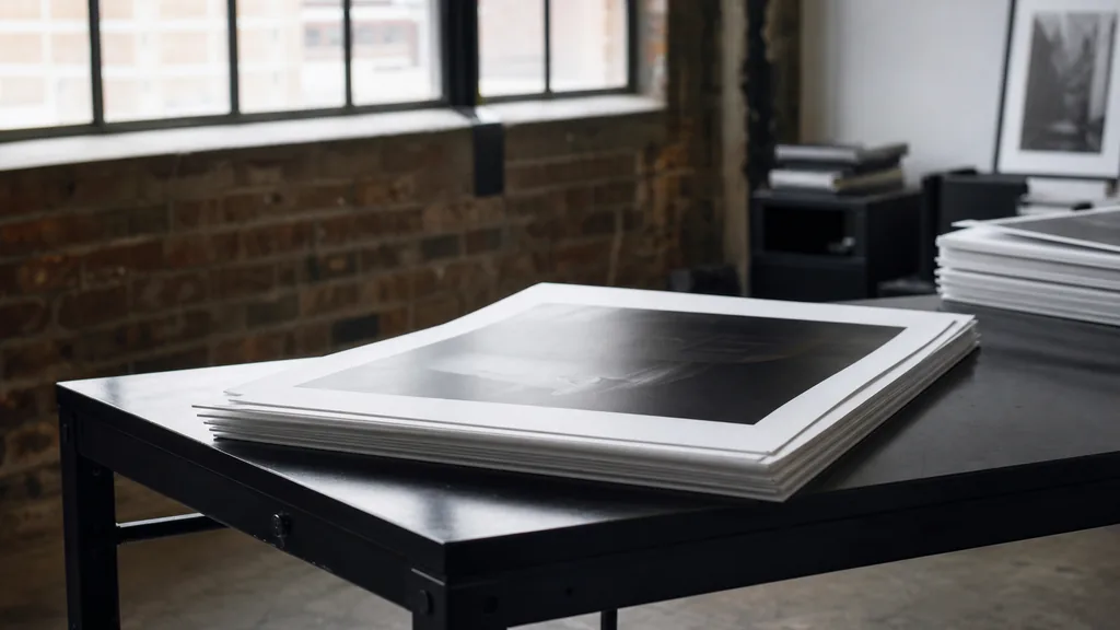 A Detroit content marketing studio desk with printed article drafts and an editorial calendar in soft morning light