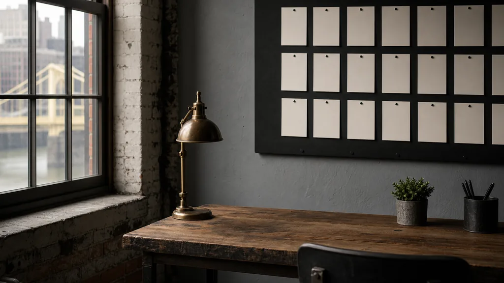 A Pittsburgh content marketing studio desk with printed article drafts and an editorial calendar in soft morning light