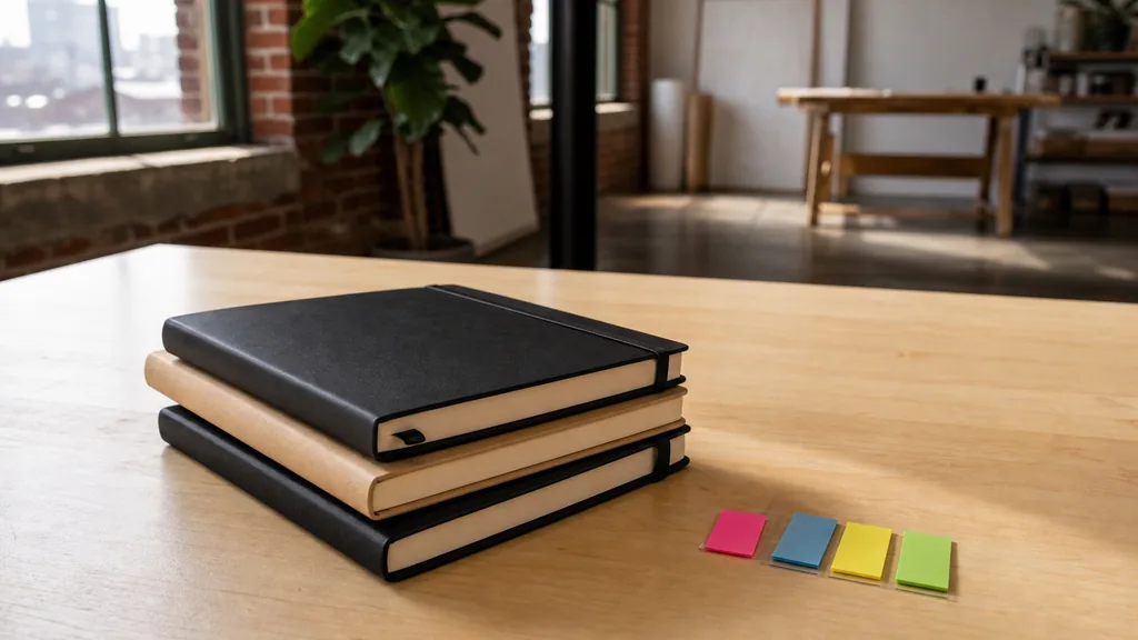 A St Louis content marketing studio desk with printed article drafts and an editorial calendar in soft morning light