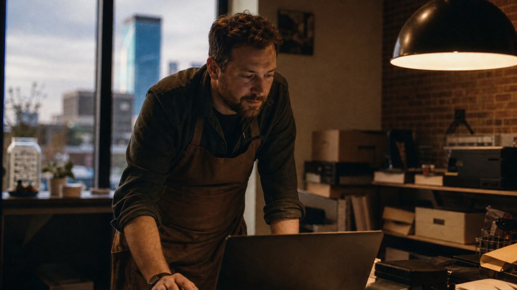 A small-business owner in an apron leaning over a laptop on a cluttered back-office desk late in the day, photographed in Oklahoma City