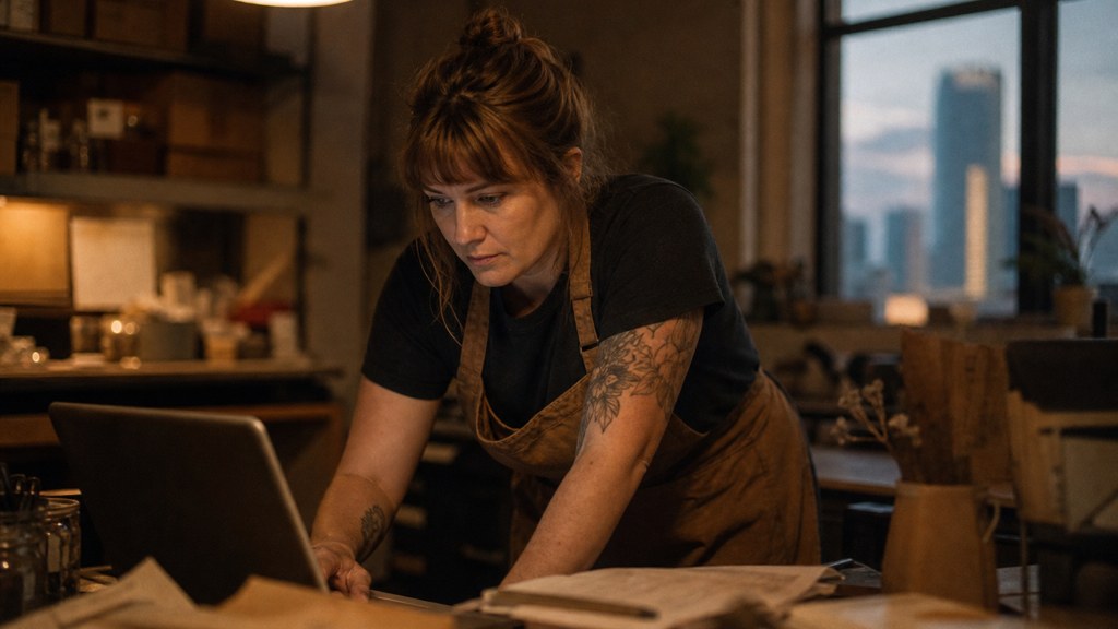 A small-business owner in an apron leaning over a laptop on a cluttered back-office desk late in the day, photographed in Oklahoma City