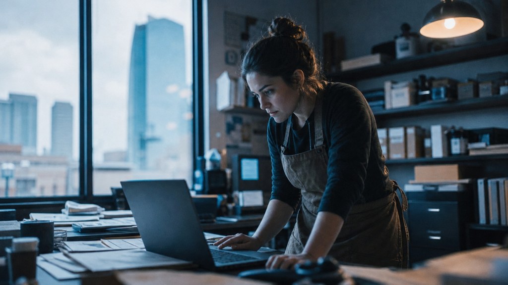 A small-business owner in an apron leaning over a laptop on a cluttered back-office desk late in the day, photographed in Oklahoma City