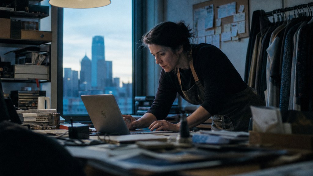 A small-business owner in an apron leaning over a laptop on a cluttered back-office desk late in the day, photographed in Oklahoma City