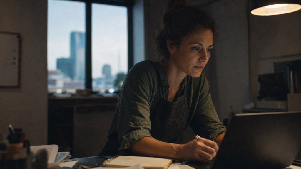 A small-business owner in an apron leaning over a laptop on a cluttered back-office desk late in the day, photographed in Oklahoma City