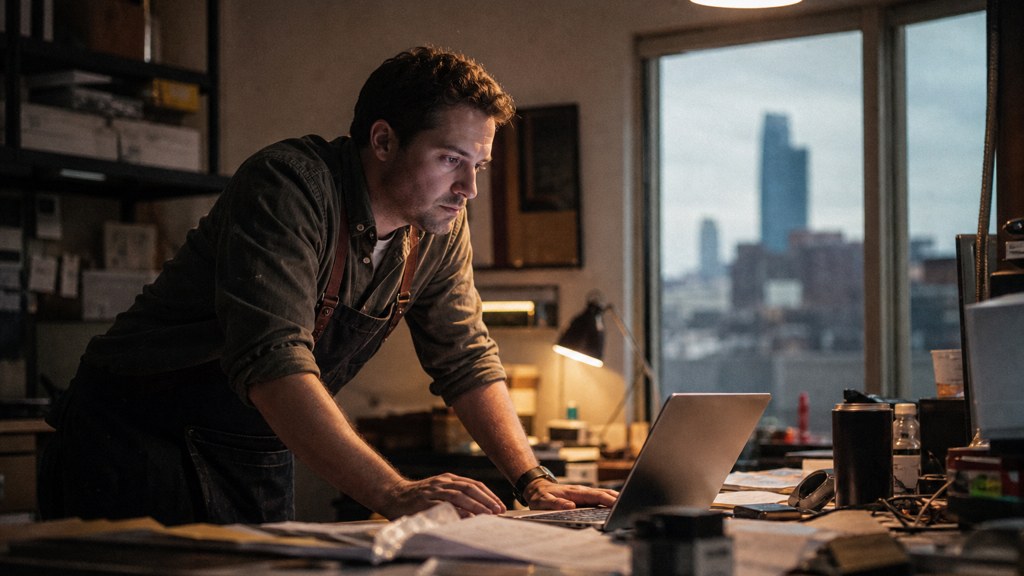 A small-business owner in an apron leaning over a laptop on a cluttered back-office desk late in the day, photographed in Oklahoma City