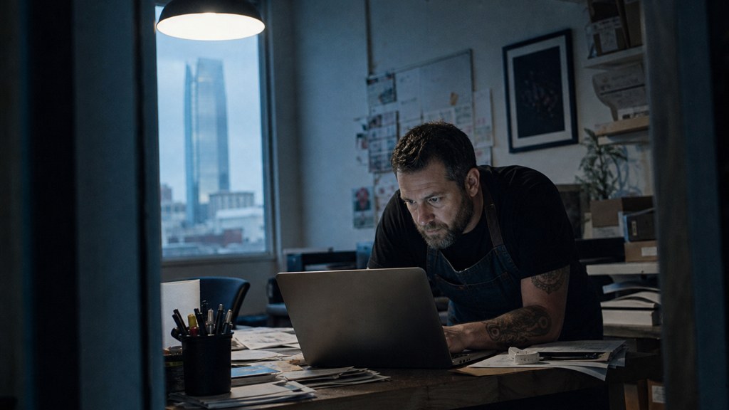 A small-business owner in an apron leaning over a laptop on a cluttered back-office desk late in the day, photographed in Oklahoma City