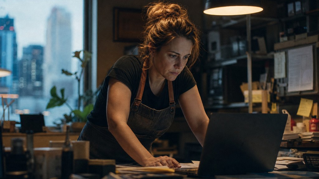 A small-business owner in an apron leaning over a laptop on a cluttered back-office desk late in the day, photographed in Oklahoma City