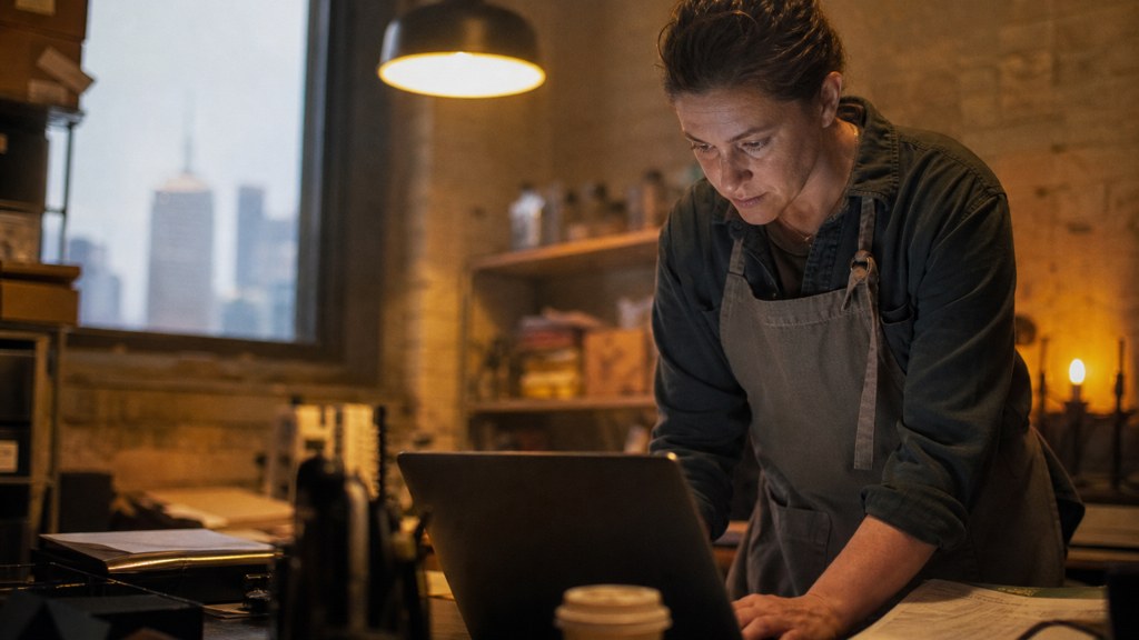 A small-business owner in an apron leaning over a laptop on a cluttered back-office desk late in the day, photographed in Oklahoma City