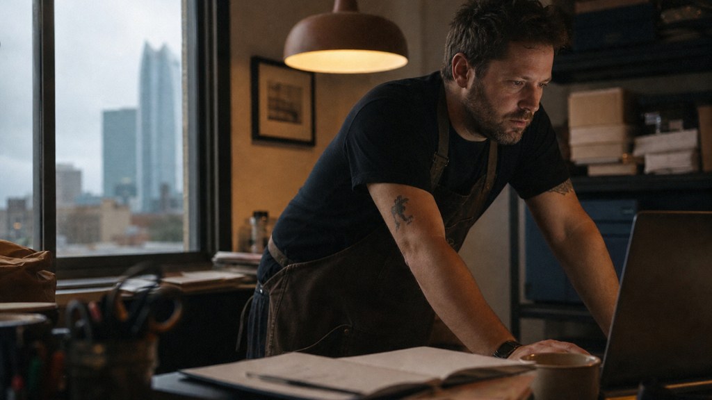 A small-business owner in an apron leaning over a laptop on a cluttered back-office desk late in the day, photographed in Oklahoma City